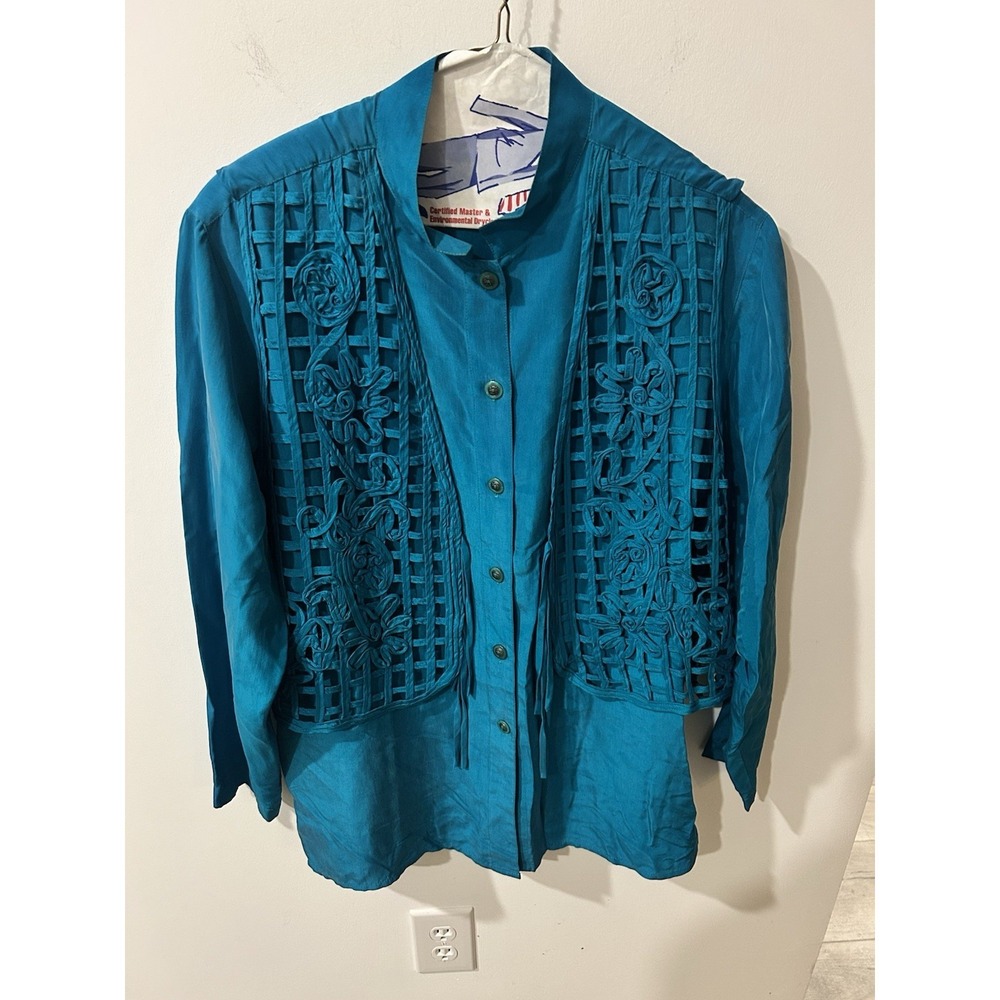 Boho Vintage Fiji Sport Embellished Teal Silk Shirt M Wearable Art
